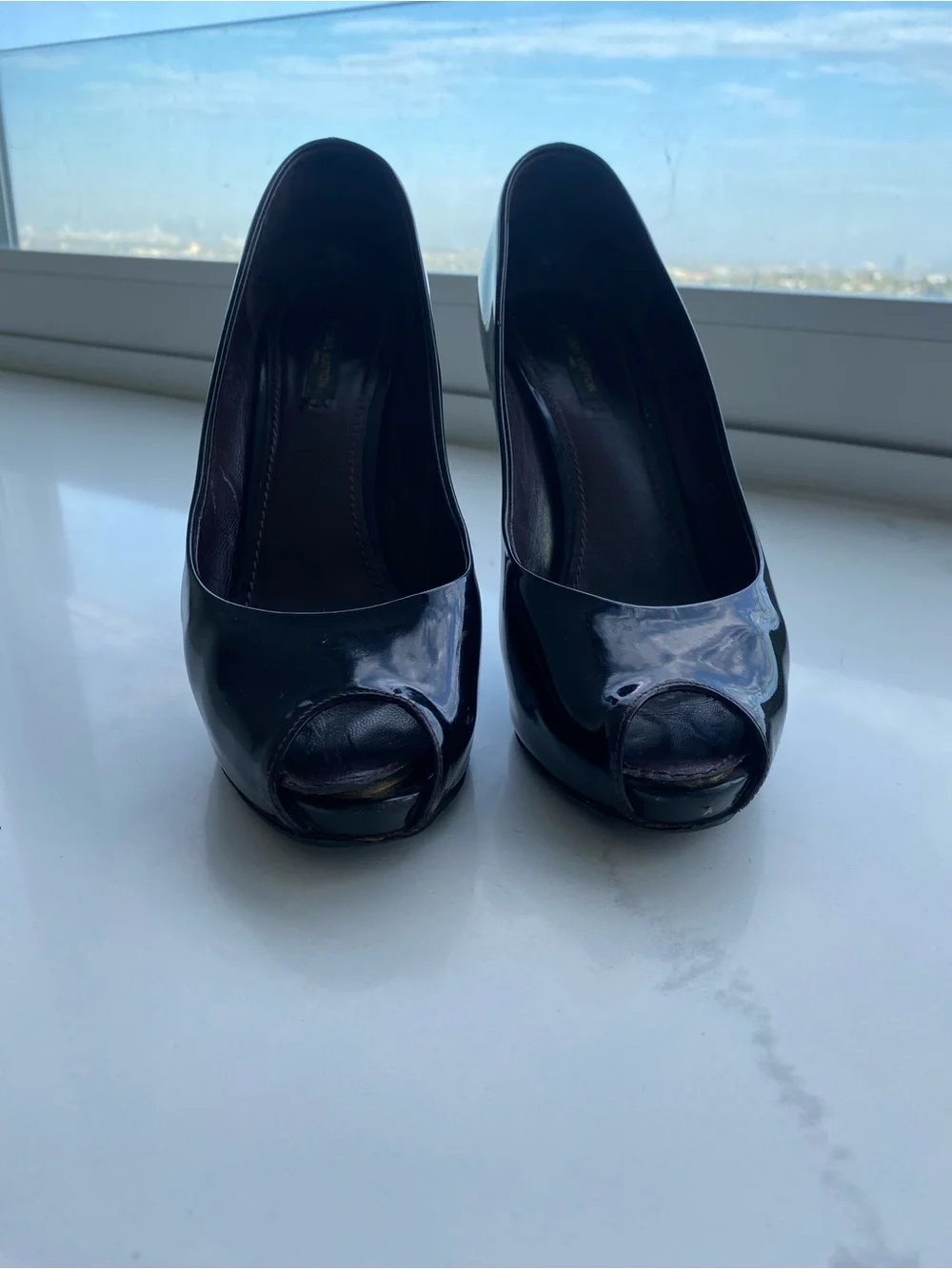 Louis Vuitton Black Patent Leather Gold Lock Stiletto Heels
